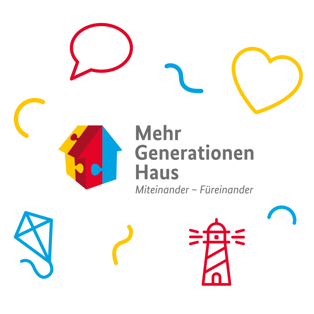 Das Logo des Bundesprogramms Mehrgenerationenhäuser, umgeben von verschiedenen bunten Icons.
